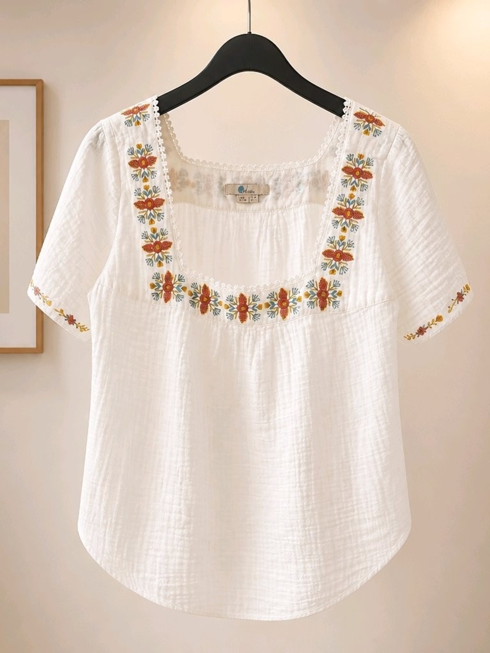 Boden White Square-Neck Blouse with Orange Floral Trim